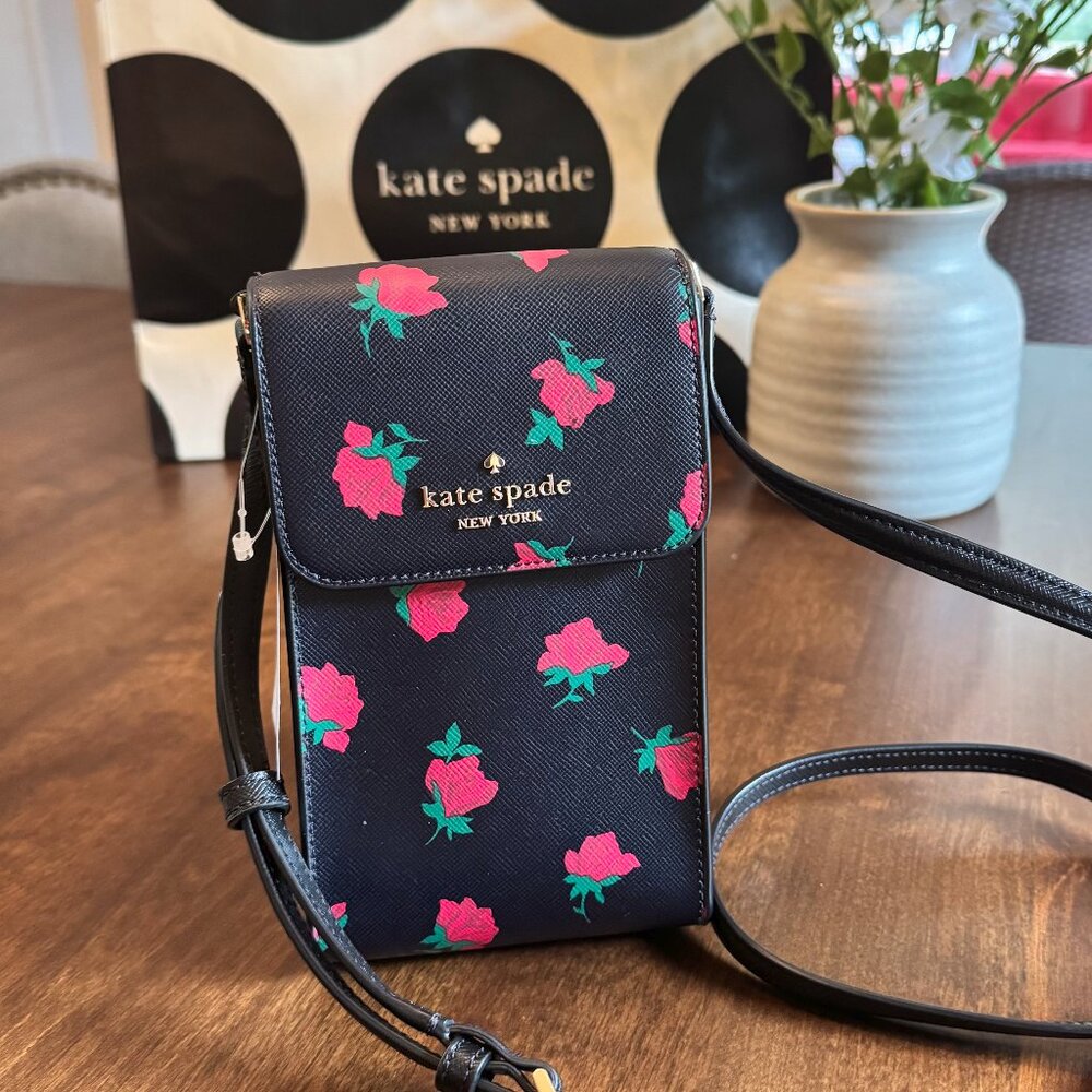 Kate Spade Madison North South Flap Phone Crossbody Rose Toss Print Floral